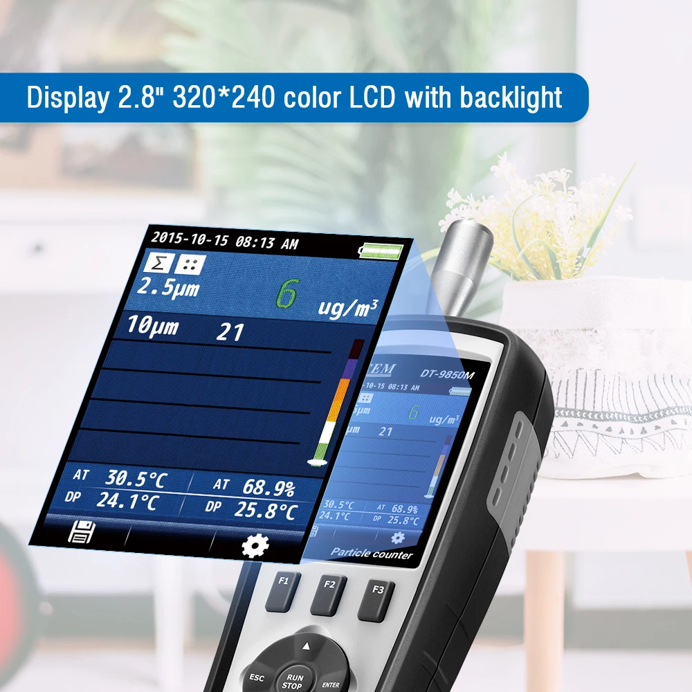 CEM DT-9850M Professional Handheld 2.83 Lmin Flow Rate Air Laser PM0.3 PM2.5 PM10 um Particle Counter CEM DT-9850M Professional Handheld 2.83 Lmin Flow Rate Air Laser PM0.3 PM2.5 PM10 um Particle Counter